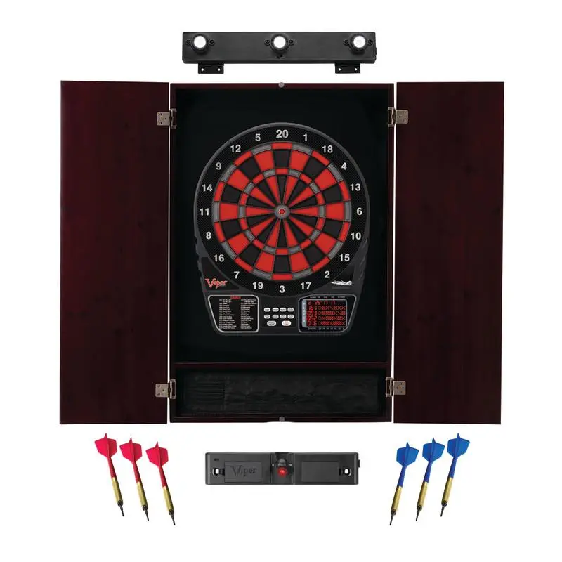 Regulation Electronic Dartboard Set with Classic Mahogany Wood Cabinet, Laser Throw Line, Overhead Light & Concave Segment Holes for Game Room, Soft Tip, Dual Display, Cabinet Mount, 15.5” Target Face