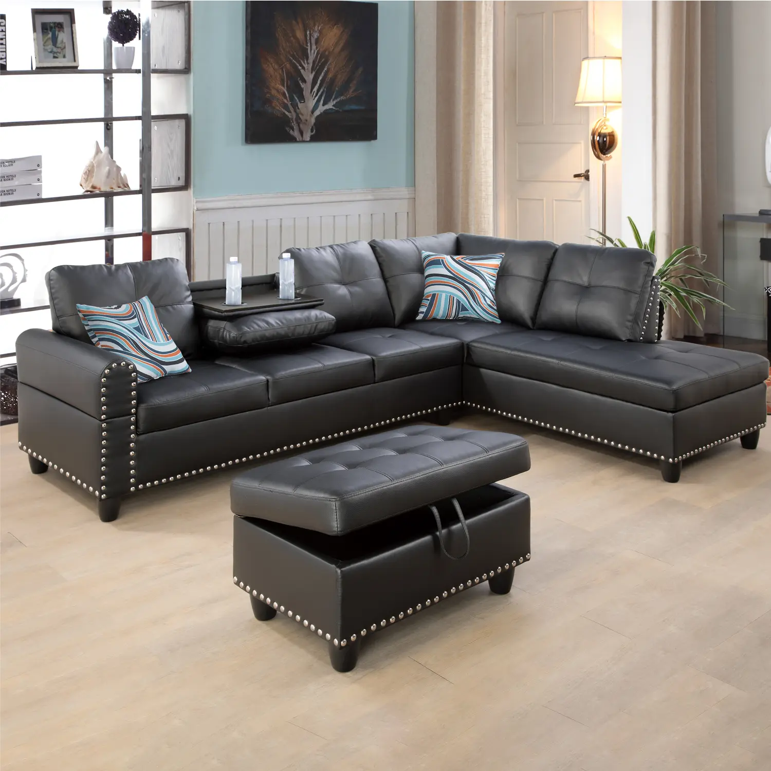 Minimalist 3-Piece Black Synthetic Faux Leather L-Shape Corner Sectional Couch Combo - Nailhead Rivet Trim, Built-In Drink Tray, Storage Ottoman Bench, Stain-Resistant for Basement, Media Rooms, Rental House