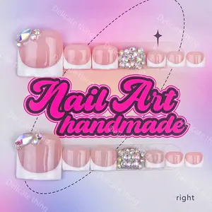 Nailssbysheccid, 14PCS Foot Covers, Acrylic Press On, square shape ,100% handmade, simple style, combined with French style, 3D, suitable for summer outings to wear, it is the best gift for girls! Comes with jelly glue, crystal sticks and twisting rods.
