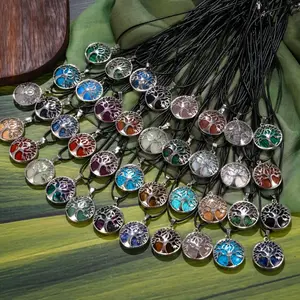 20Pcs Fashionable Multicolor Tree Pendant Necklace Set - 20pcs Tree Of Round Shaped Pendants +20pcs Black Pu Leather Cords, Ideal for Men Casual Attire Birthdays Parties Gift-Giving, for Teenager
