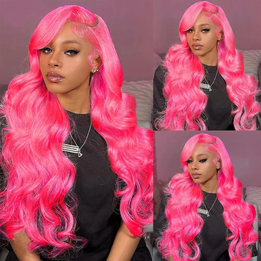 16" = $74 Pink Body Wave Full 13X4 Invisible Lace Frontal Wigs 180% Density Human Hair Full Frontal Transparent Lace Wigs Preplucked Natural Hairline Pink Color Human Virgin Hair HD Lace Wig
