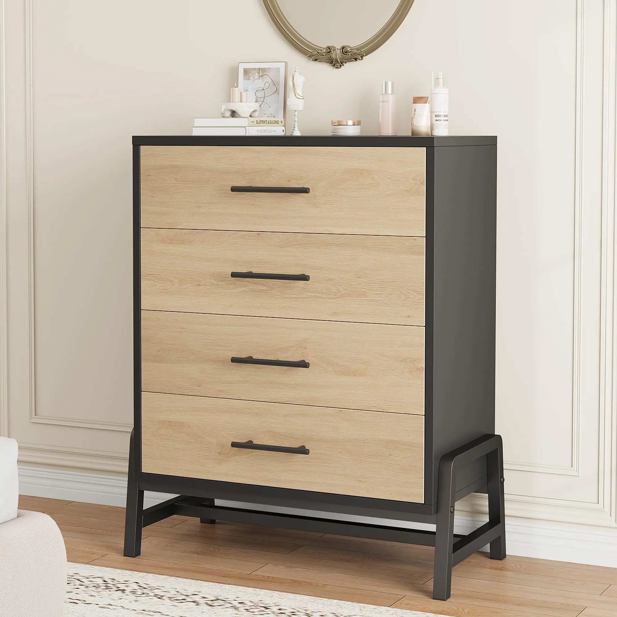 Garvee 4-Drawer Nightstand for Bedroom, 38.6" Tall Bedside Table with Sturdy Metal Legs, Wooden End Table Storage Cabinet, Natural and Black Finish for Living Room and Entryway