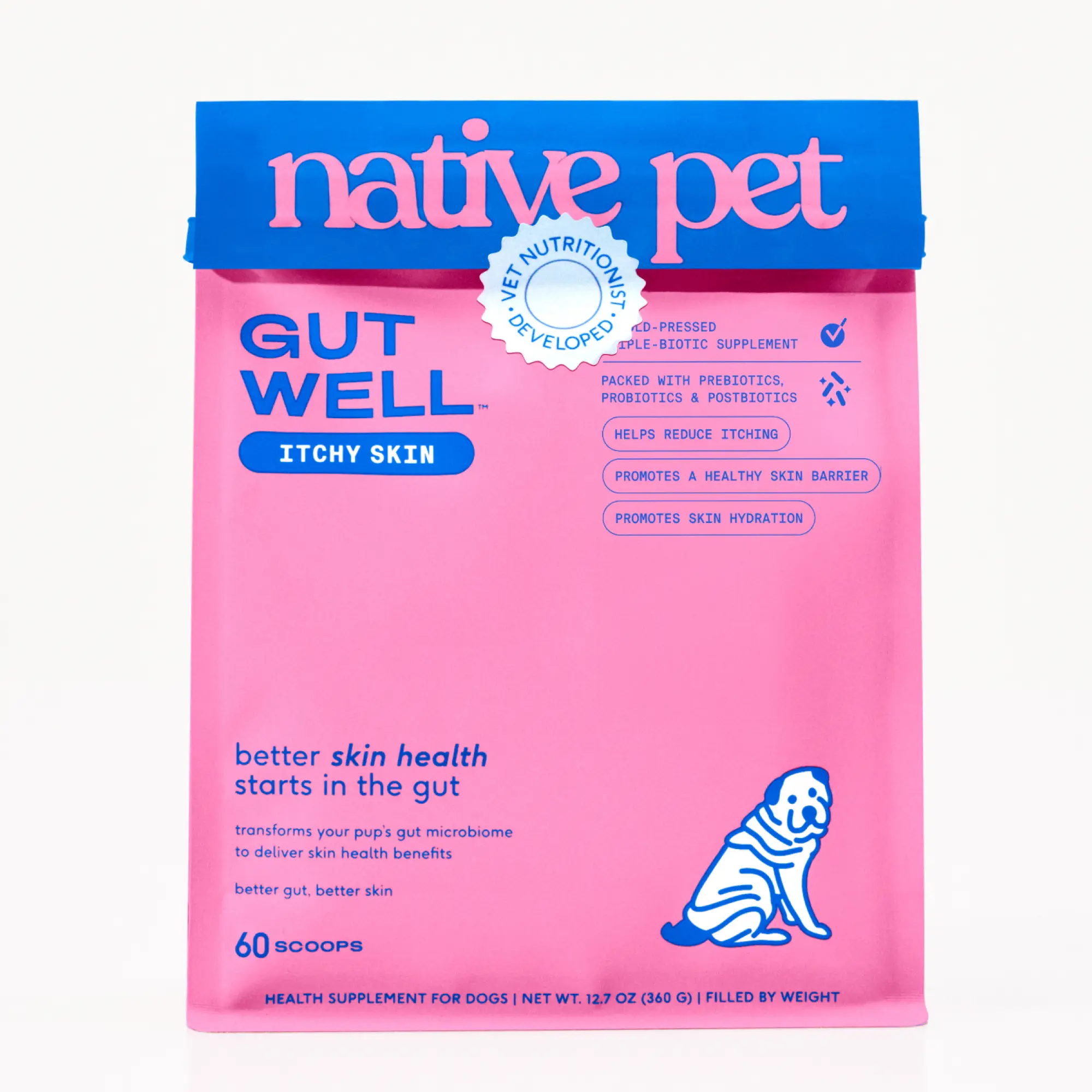 Native Pet GutWell Itchy Skin Relief for Dogs - Dog Allergy & Anti Itch Skin Irritation Treatment - Promotes Skin Hydration, Elasticity & Healthy Barr