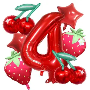 Red Foil Number 4 Balloon, Cherry & Strawberry Balloon Arch Kit for Birthday, Shower & Wedding