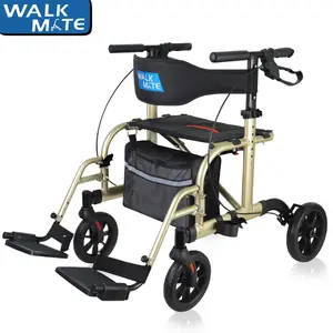 WALK MATE 2 in 1 Rollator Walker Transport Chair for Seniors 10" Wheels Medical Rollator with Widen Seat Backrest Detachable Adjustable Footrests Folding Walker Wheelchair Combo Gold
