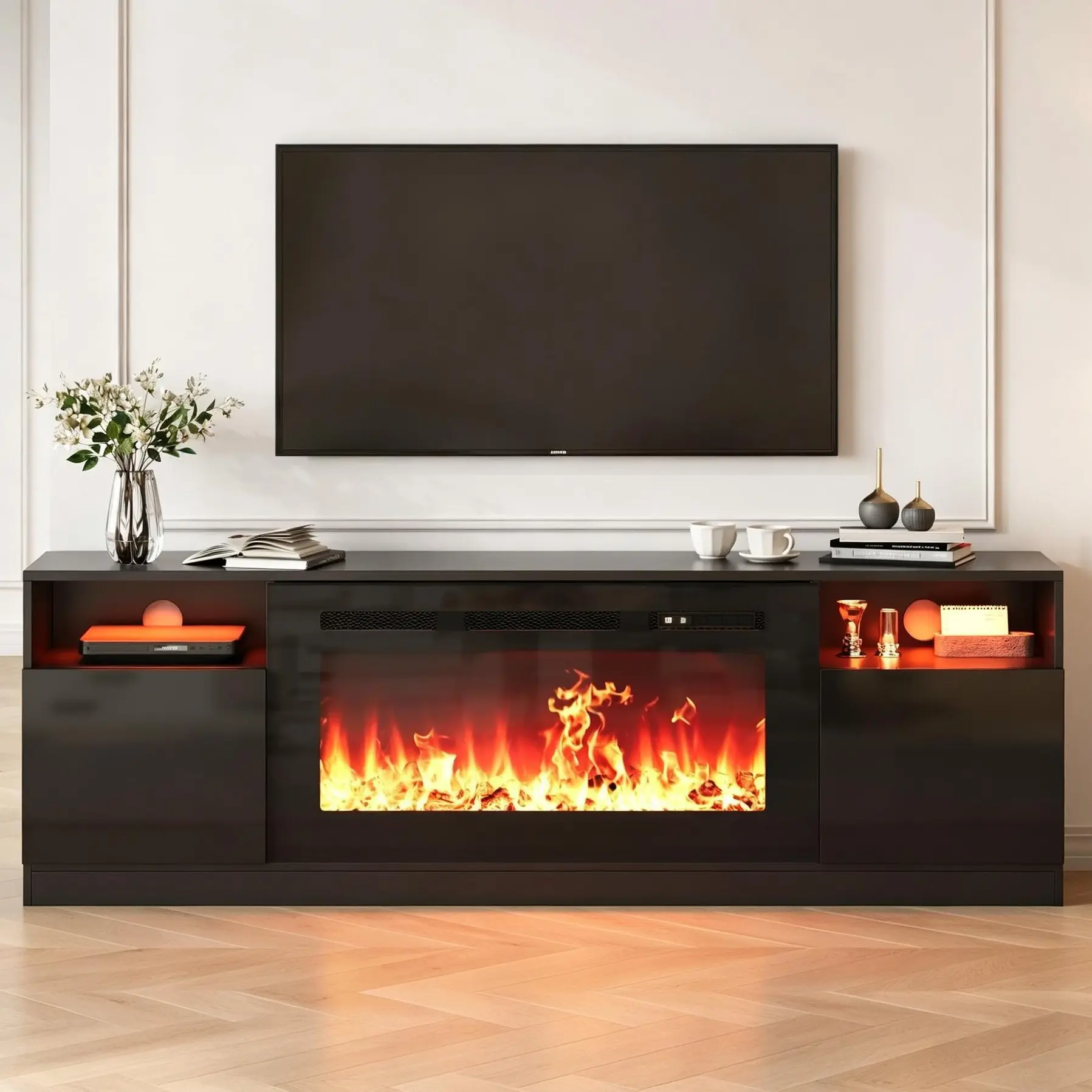 Garvee Modern 70'' Electric Fireplace TV Stand – 36'' Fireplace Heater – 12 LED Flame Colors – 2-Tier Entertainment Center – Fits up to 80'' TV – Black Glossy Media Console with Storage Cabinet