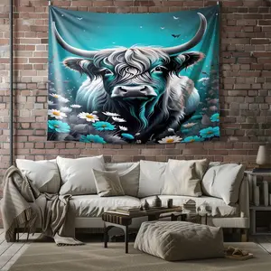 Highland Cow Wall Tapestry, Vibrant Digital Print Tapestry Wall Hanging, Cool Dreamy Aesthetic Home Decor, Perfect for Bedroom & Living Room, Floral & Whimsical Design, Serenity in Wall Art