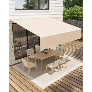 Manual Retractable Awning 13 x 10 ft Outdoor Patio Awning Retractable Sun Shade, Patio Door Window Water-Resistant Polyester Awning Sunshade Shelter with Crank Handle for Balcony, Backyard