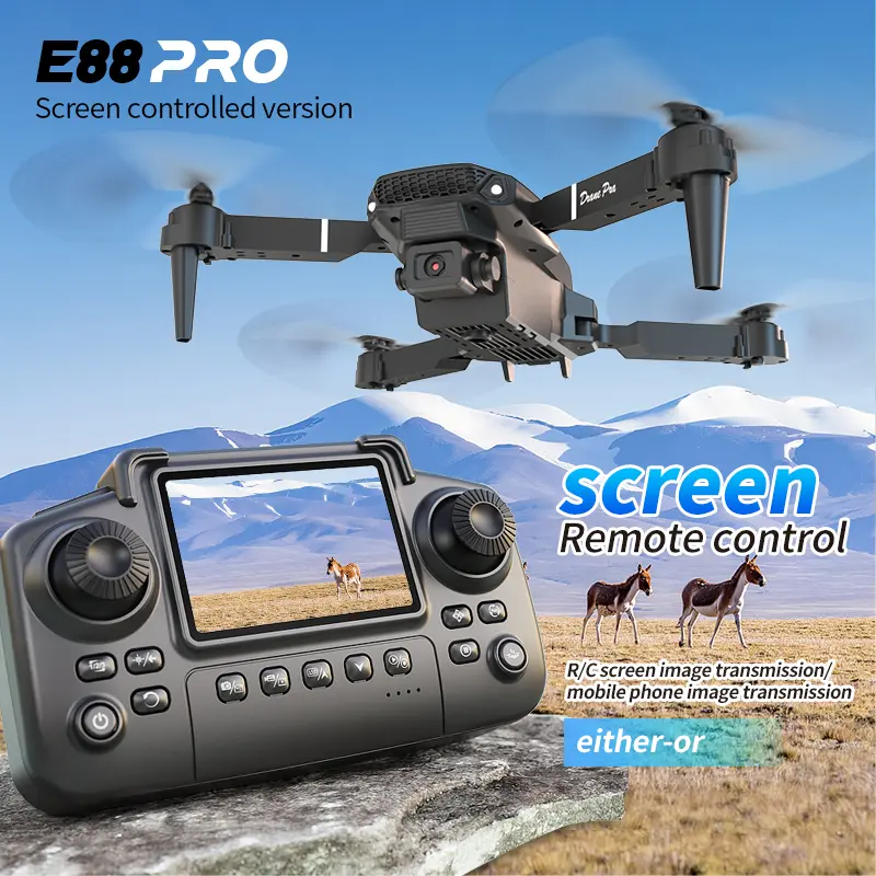 E88 PRO Drone with Screen Remote, Optical Flow Dual Camera FPV Quadcopter, 15Mins Flight, 100m Range, Foldable