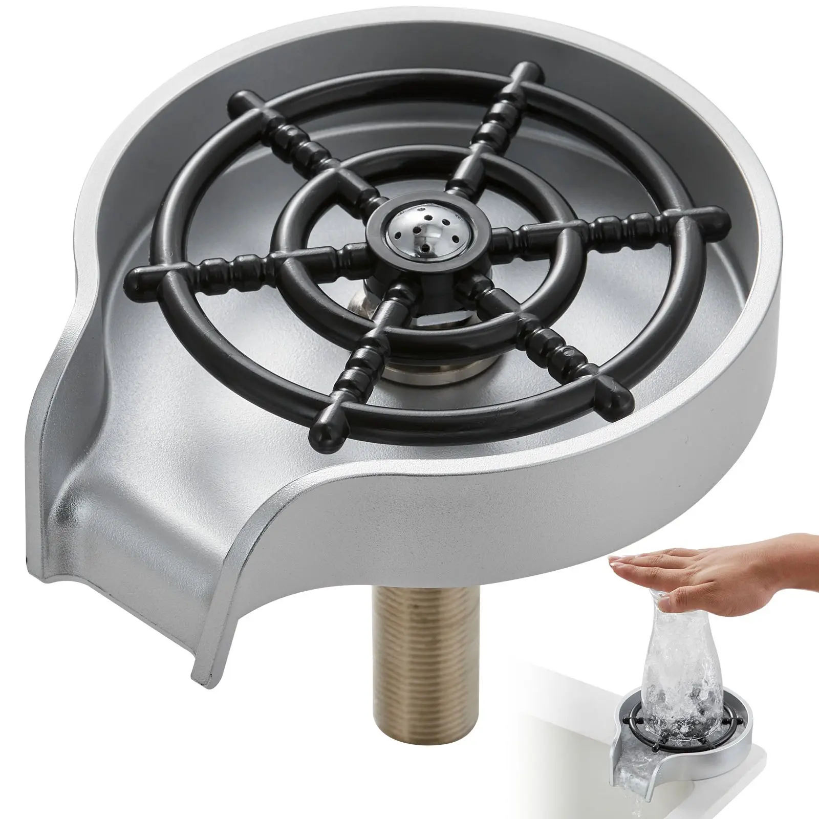 Glass Rinser, 10 Powerful Spraying Jets 360° Rotating Cup Rinser for Sink, Wearproof ABS Sink Faucet Cup Washer & ABS Cup Holder for Baby Bottle, Glass Cup, Wine Glass (Silver-White Base)