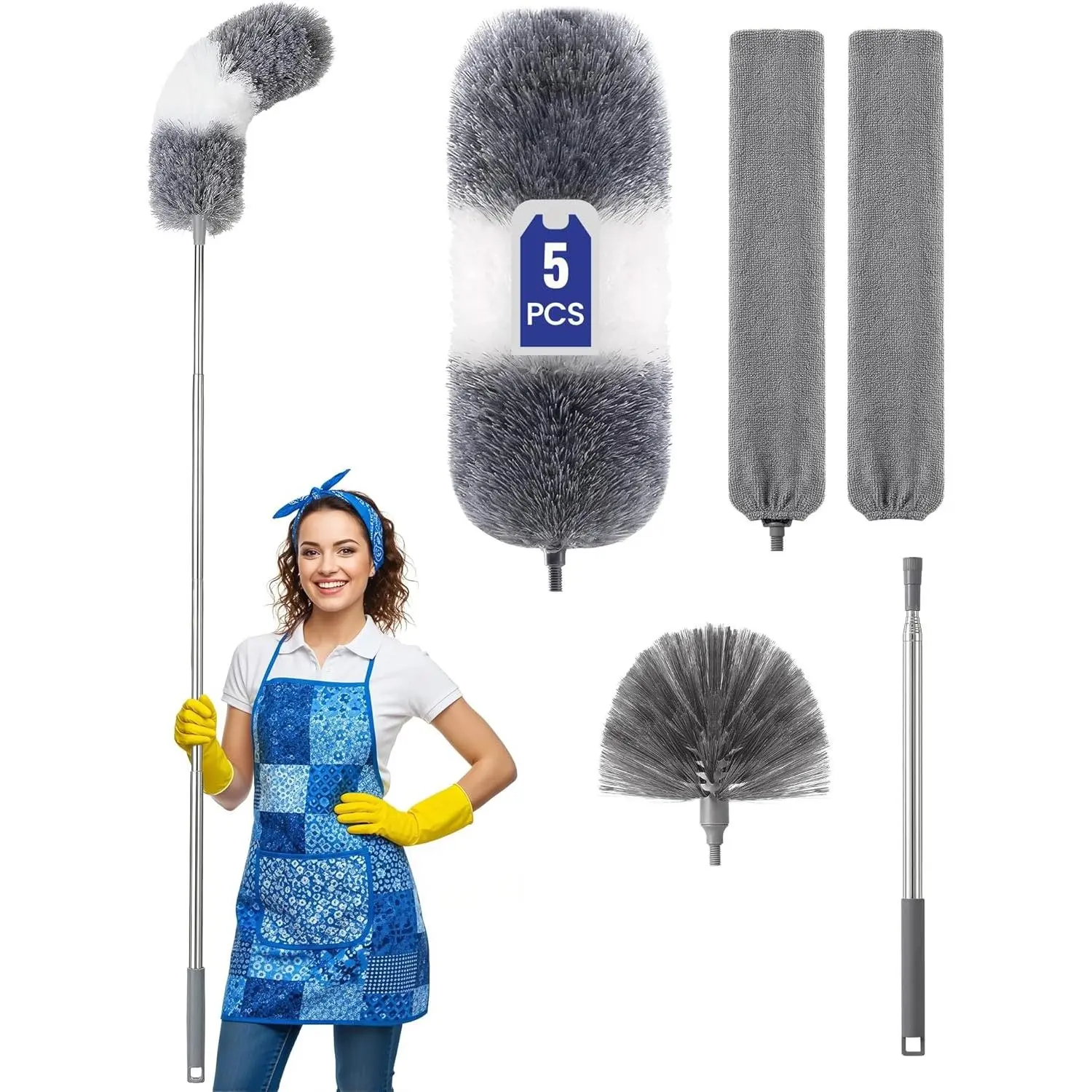 Extra-Long Dusters Kits with Extension Pole, 5 in 1 Cleaning Tools with Extendable Long Handle, Cobweb Duster, Microfiber Dusting Clothes for Gap, High Ceilings and Fans, Blinds,  and Furniture