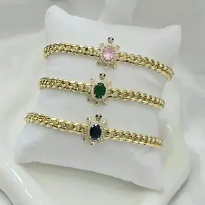 7 inches Elegant Gold-Tone Turtle Bracelet Set with Pink Green and Blue Gemstones for Women
