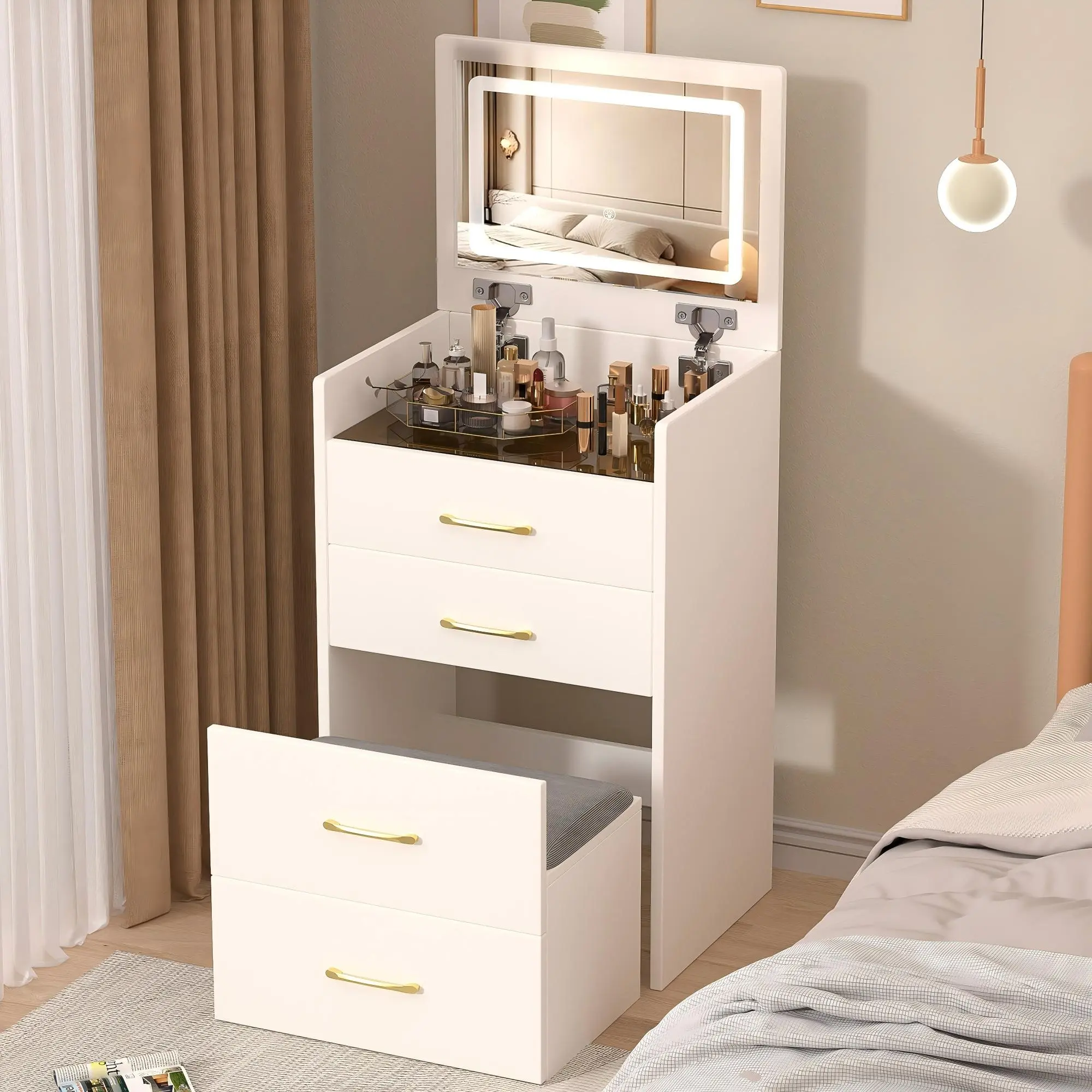 3 in 1 Vanity Desk with open Top Mirror,Small Make Up Vanity Set with Visible Glass Desktop,Compact Makeup Vanity with 3 Drawers,Dressing Table for Bedroom,Spacious Storage & Comfortable Cushion