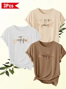 Women's 3-Piece Gold Letter Round Neck Short Sleeve Top, Casual Sporty Everyday T-Shirt, Soft Comfortable Fabric, All Seasons Wear
