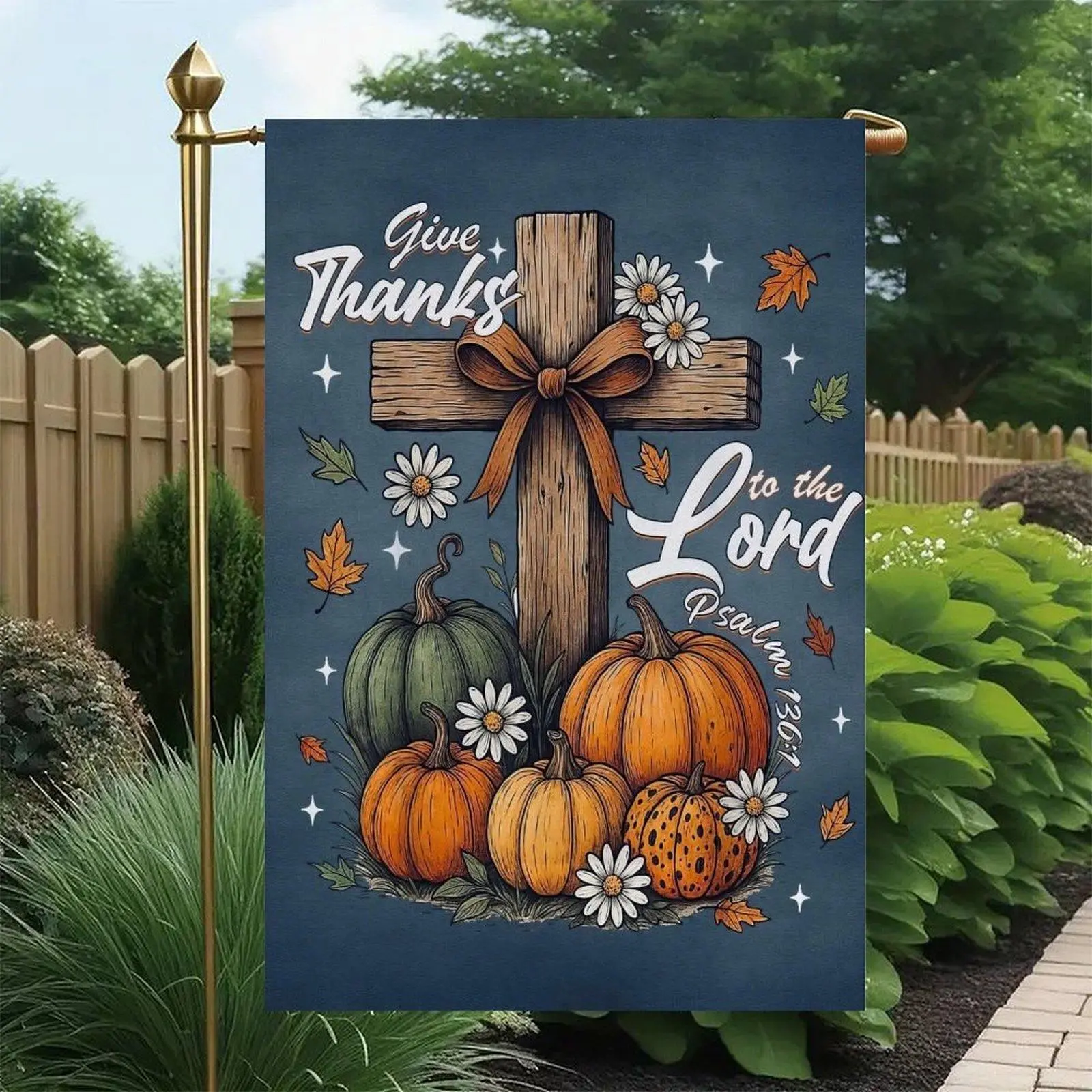 12x18in Christian Text Double-Sided Pumpkin Cross Decorative Garden Flag, Wooden Cross Design with Daisy, Maple Leaf, Fall-Themed Home Festive Decor Banner