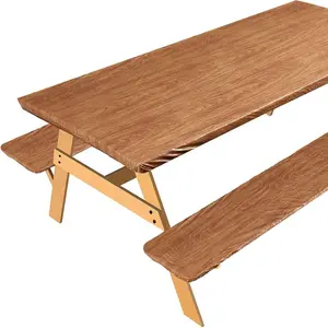 3-Piece Set Vinyl Picnic Tablecloth with Bench Covers, 6FT Waterproof Rectangular Cover with Flannel Backing and Elastic Edges for Outdoor, Camping, Patio (Wood Grain, 30"x72")