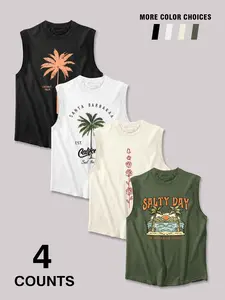Men's Summer Beach Loose Tropical Graphic Prints Tank Top 4-Pack – California Palm Tree & Salty Day Sleeveless Tees, Casual Streetwear Vacation Tops (Multiple Colors)