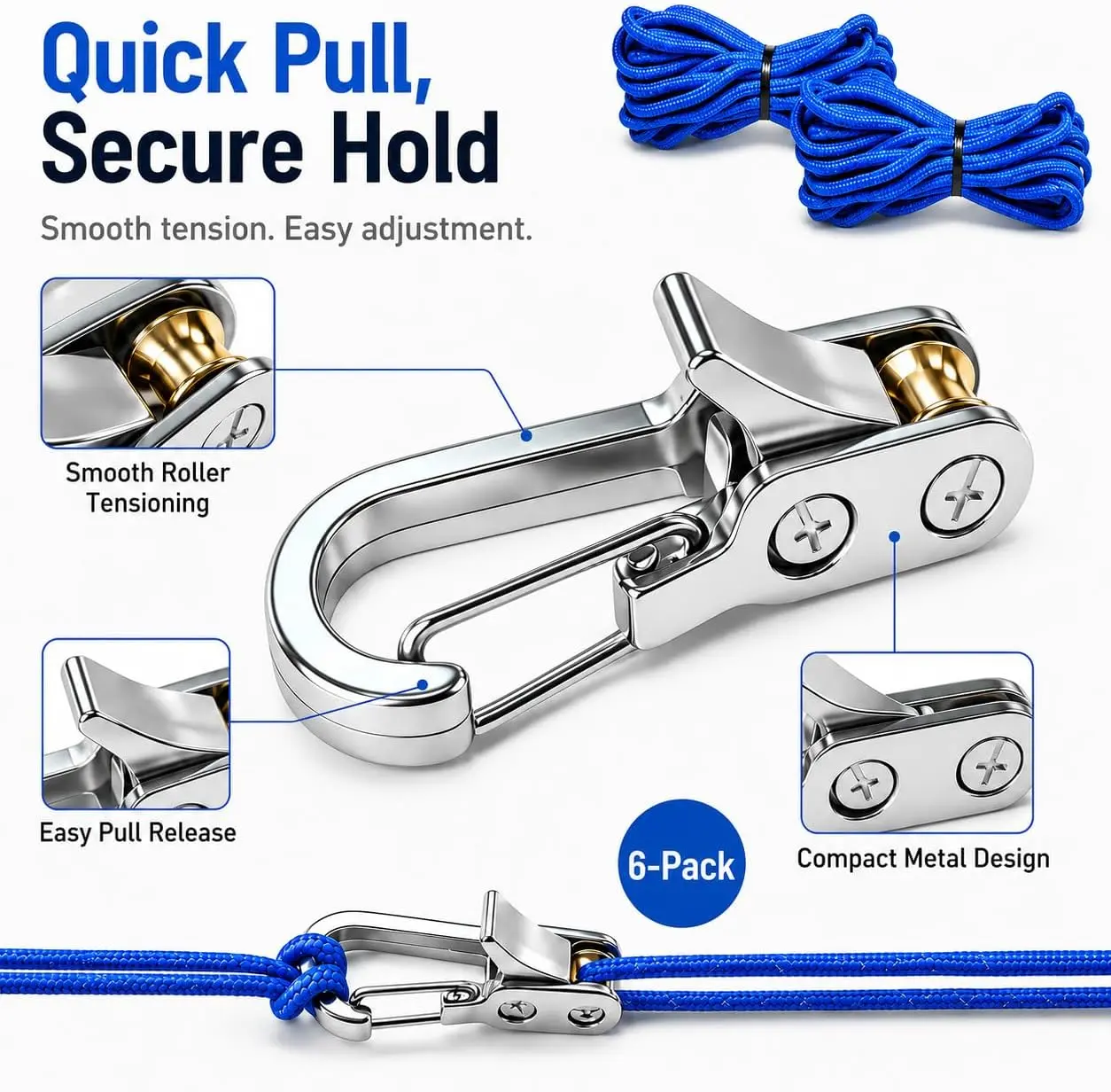 Knot-Free Ratchet Hook Rope Tensioner - Adjustable Cord Buckle for Tent, Marine Use, Hardware Fasteners & Hooks, Available in 3-Pack, 6-Pack