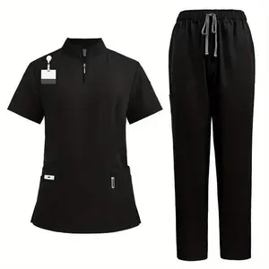 Stand-up Collar Zipper Work Uniform, Straight Pants, Polyester, Machine Woven, Fitted Style, Workwear with Pockets(Sheets)