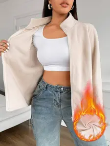 Women's Winter Warm Stand Collar Zipper Coat, Loose Fit Casual Outerwear, Comfortable Fleece Lined Jacket for Fall & Winter