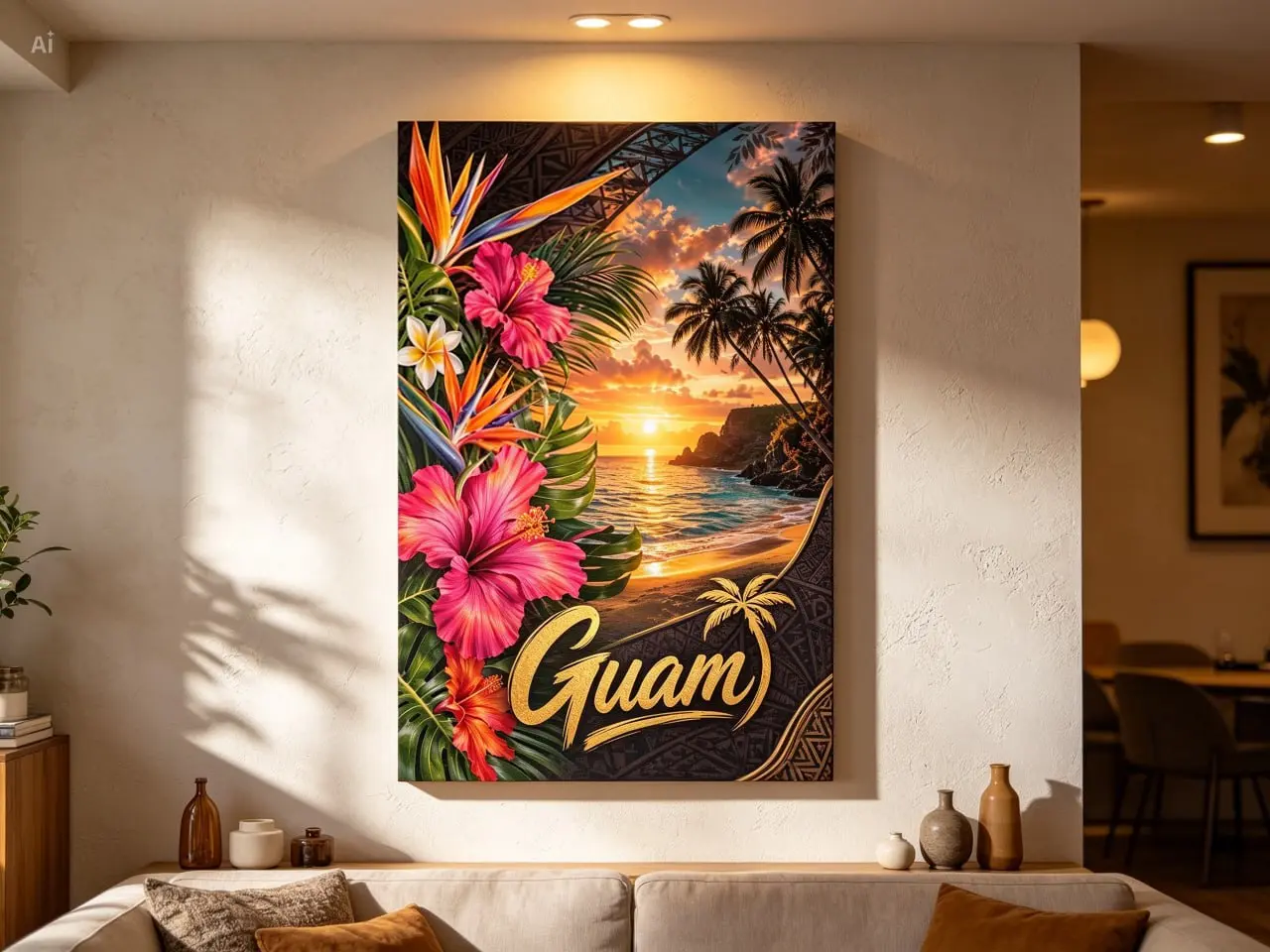 Guam Tropical Sunset Beach Canvas Wall Art Island Paradise Poster Hawaii Style Hibiscus Palm Tree Ocean Sunset Print Tropical Coastal Decor Summer Vacation Wall Art Living Room Bedroom Office Unframed Canvas Gift Home Decor