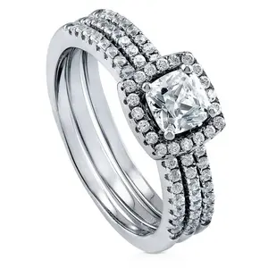 BERRICLE Sterling Silver Halo Wedding Engagement Rings Stackable Band for Women, Cushion Cut Cubic Zirconia CZ Ring Set