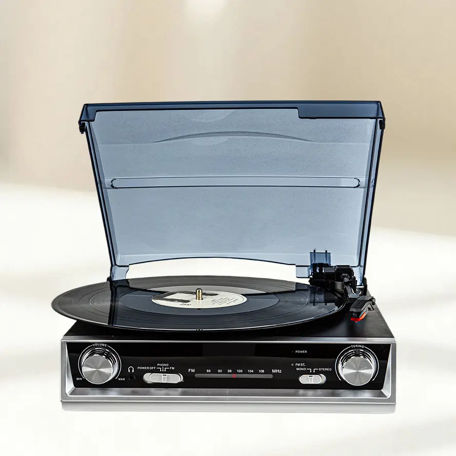 Vintage Turntable Vinyl Record Player - Belt Drive, 3 Speed, Built-in Stereo Speakers, FM Radio, 3.5mm Music Out Jack, Line Out, Headphone Jack - Ideal Valentine Gift for Family & Friends