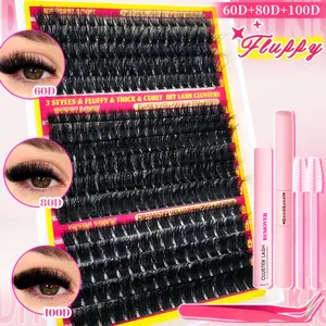 Fluffy Individual Lash Clusters Kit, 1 Set Curl False Eyelashes with Bond and Seal & Lash Remover & Tweezers & 2 Lash Brushes, Eye Makeup Accessories, Cosmetic, Diy Lash Kit