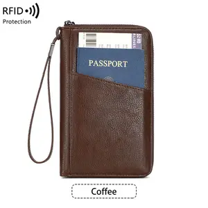 RFID Blocking Family Passport Holder large capacity Wallet Travel accessory Document Organizer brown Clutch Bag with 6 Passport Pockets 4 Card Slots & 2 Side Pockets for Women Men