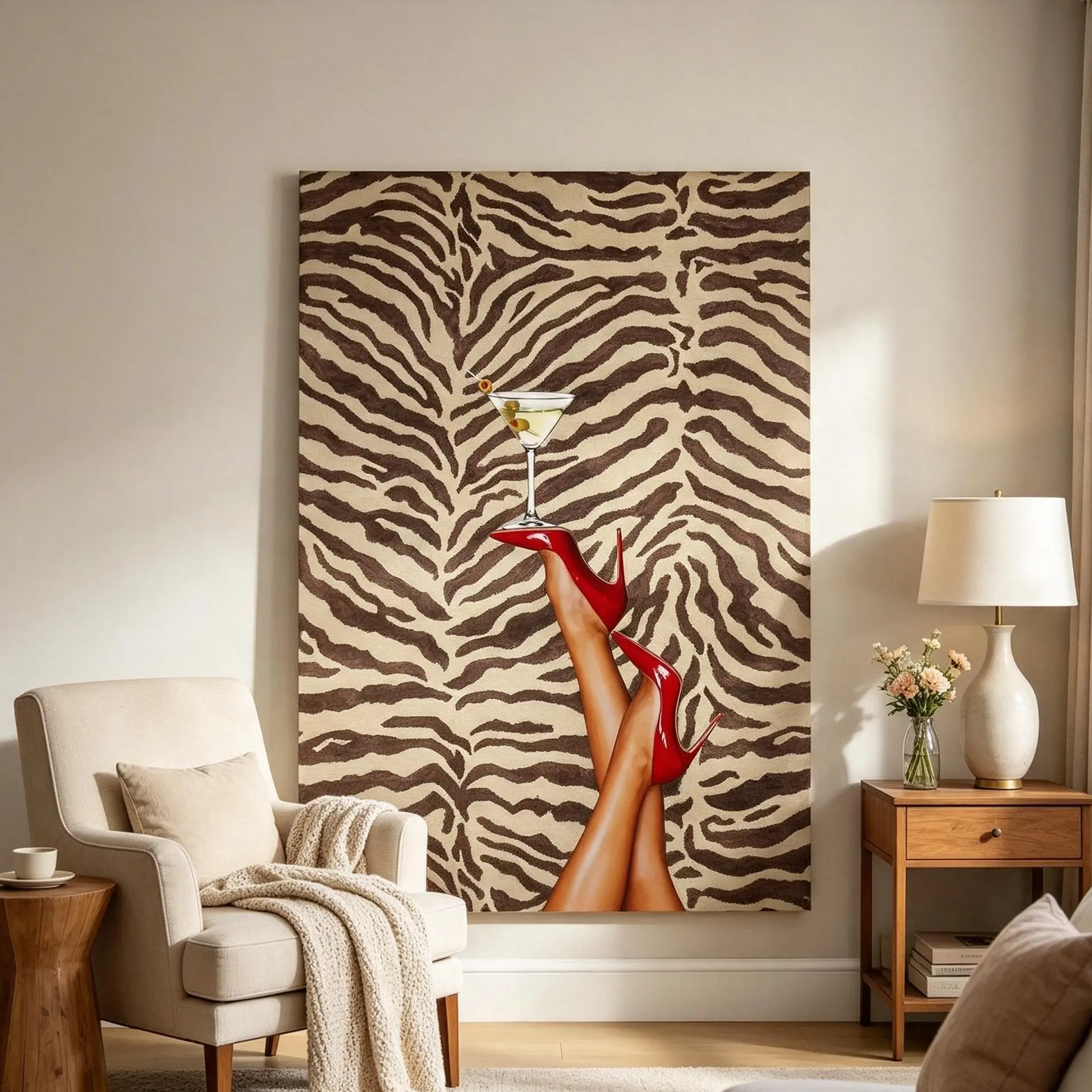 Wooden Framed High Heel Poster & Zebra Pattern Wall Art, Vintage Glam Fashion Print, Perfect for Stylish Indoor Decor, 2D Flat Design, Artwork, Vintage Prints, Artistic, Decoration, Aesthetic Wall Decor, Vintage Room Decor, Trendy Bar Cart Art
