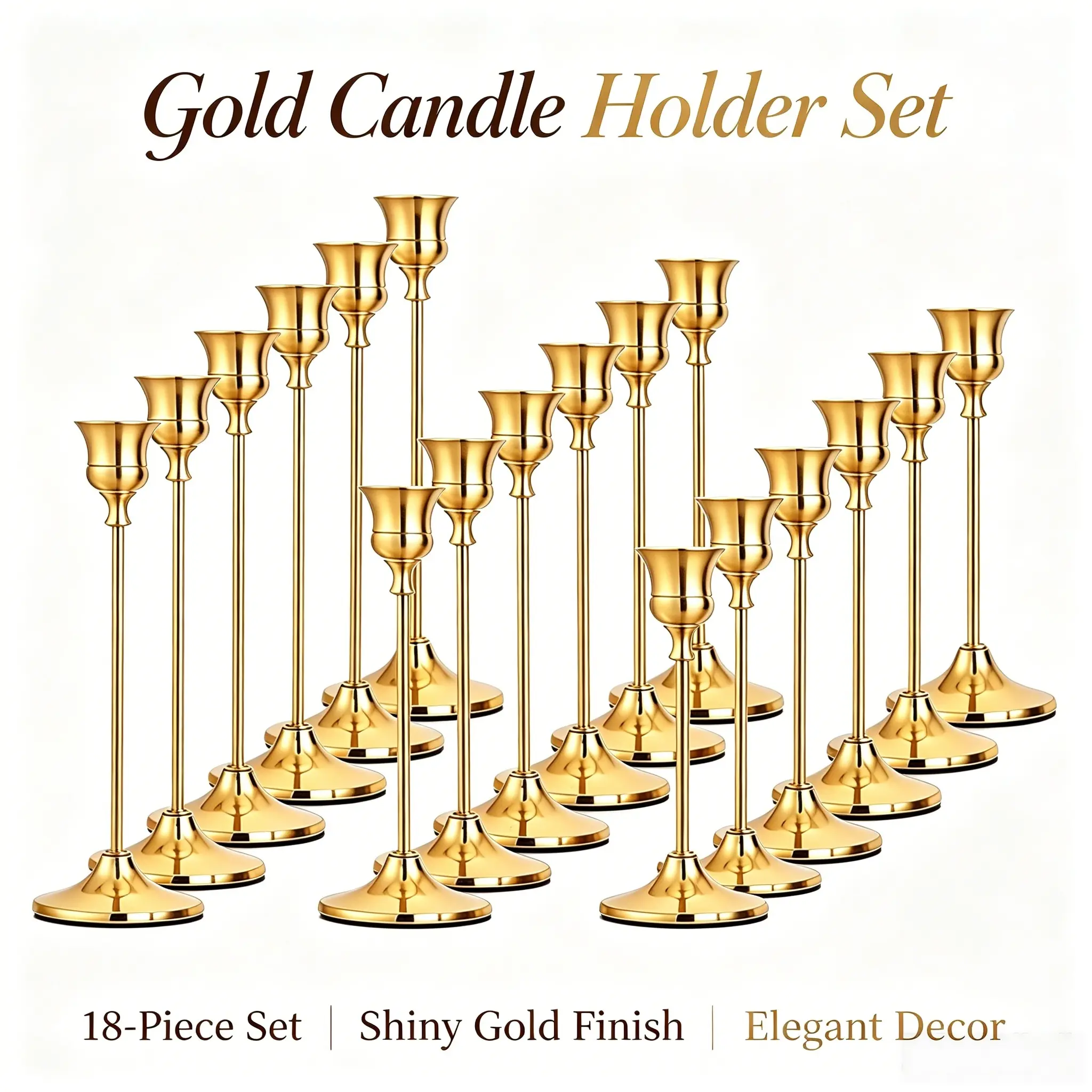Gold Metal Taper Candle Holders Set of 3/6/12/18/24/30, Thin Pole Design Without Blocking View, Elegant Table Centerpieces for Wedding, Engagement, Anniversary, Ceremony, Christmas, Fall, Halloween & Daily Home, Candles Not Included
