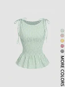Women's Top Plaid Waist Top Boat Neck Waist Tie Ruffle Hem Shoulder Tie Tank Top Summer Cute Y2k Commute Daily Elastic