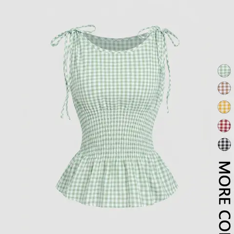 Women's Plaid Boat Neck Tank Top, Adjustable Strap Top, Waist Tie Ruffle Hem, Shoulder Tie Design, Elastic Fabric, Summer Cute Casual Y2K Style, for Daily Commute, Adjustable