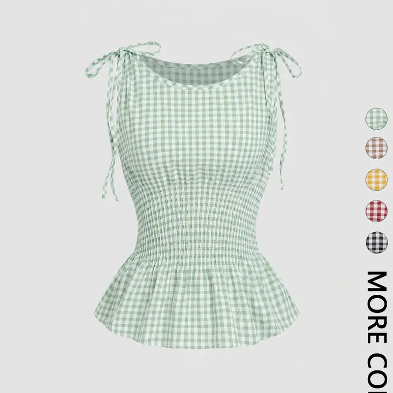 Women's Plaid Boat Neck Tank Top, Adjustable Strap Top, Waist Tie Ruffle Hem, Shoulder Tie Design, Elastic Fabric, Summer Cute Casual Y2K Style, for Daily Commute, Adjustable