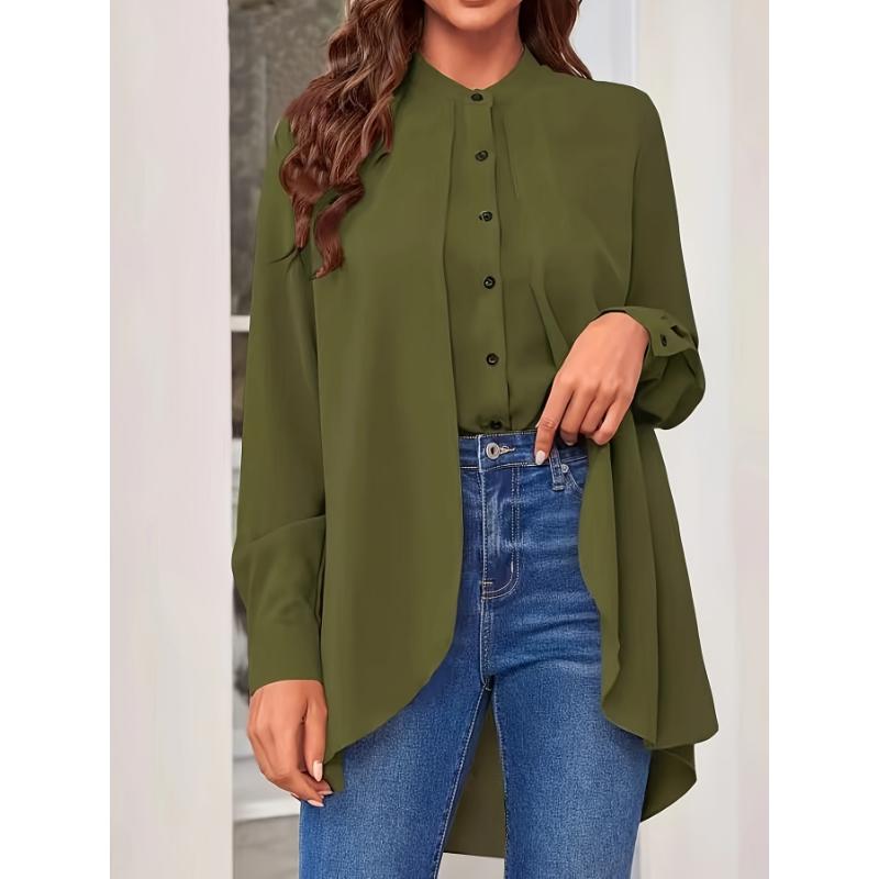 Women's Plus Size Olive Green Chiffon Blouse-Long Sleeve Button-Up Shirt with Stand Collar, Semi-Sheer Casual Top for Spring Summer Fall,Lightweight Breathable Office&Casual Attire, Sophisticated Casual Look, Elegant Texture,Spring Fa Polyester Womenswear