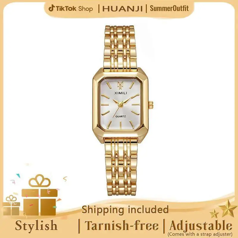 [Perfect Valentine's Day & Birthday Gift]-Luxury Ladies Fashion Quartz Watch Simple Scale Square Quality Gold Plated Women Watches Business,Gift box & Adjuster