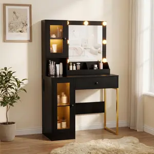 Garvee Makeup Vanity Desk with Mirror and RGB Lights, Vanity Table with Built-in Charging Station, Stylish Wood Dressing Table for Bedroom
