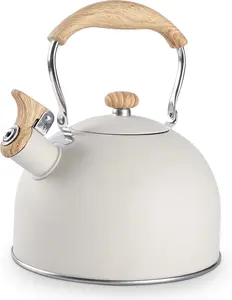 Tea Kettle, 85 OZ / 2.5 Liter Whistling Tea Kettle Pots for Stove Top Food Grade Stainless Steel with Wood Pattern Folding Handle, Loud Whistle for Tea, Coffee, Milk - Milk White