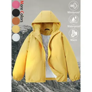 Unisex Casual Fashion Loose-Fit Comfortable Waterproof Windproof Outerwear Thickened Warm Stand-Up Collar Hiking Ski Jacket Hooded Coat Durable Wrinkle-Resistant Versatile Patchwork Zipper Pocket Outdoor Sports Top Jacket Ideal for Daily