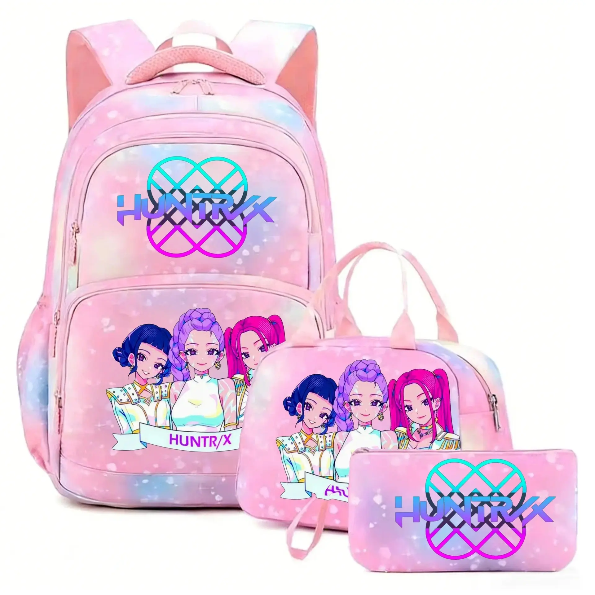 3Pcs Pastel Pink Purple Gradient Heart DiscoBall HUNTRX KPOP Cartoon Backpack Setfor Teen Girls Kids, Large Capacity Multi-Layer Water Resistant Student SchoolBackpack, Casual Daypack with InsulatedThermal Lunch Bag & Matching Printed PencilPouch, Li