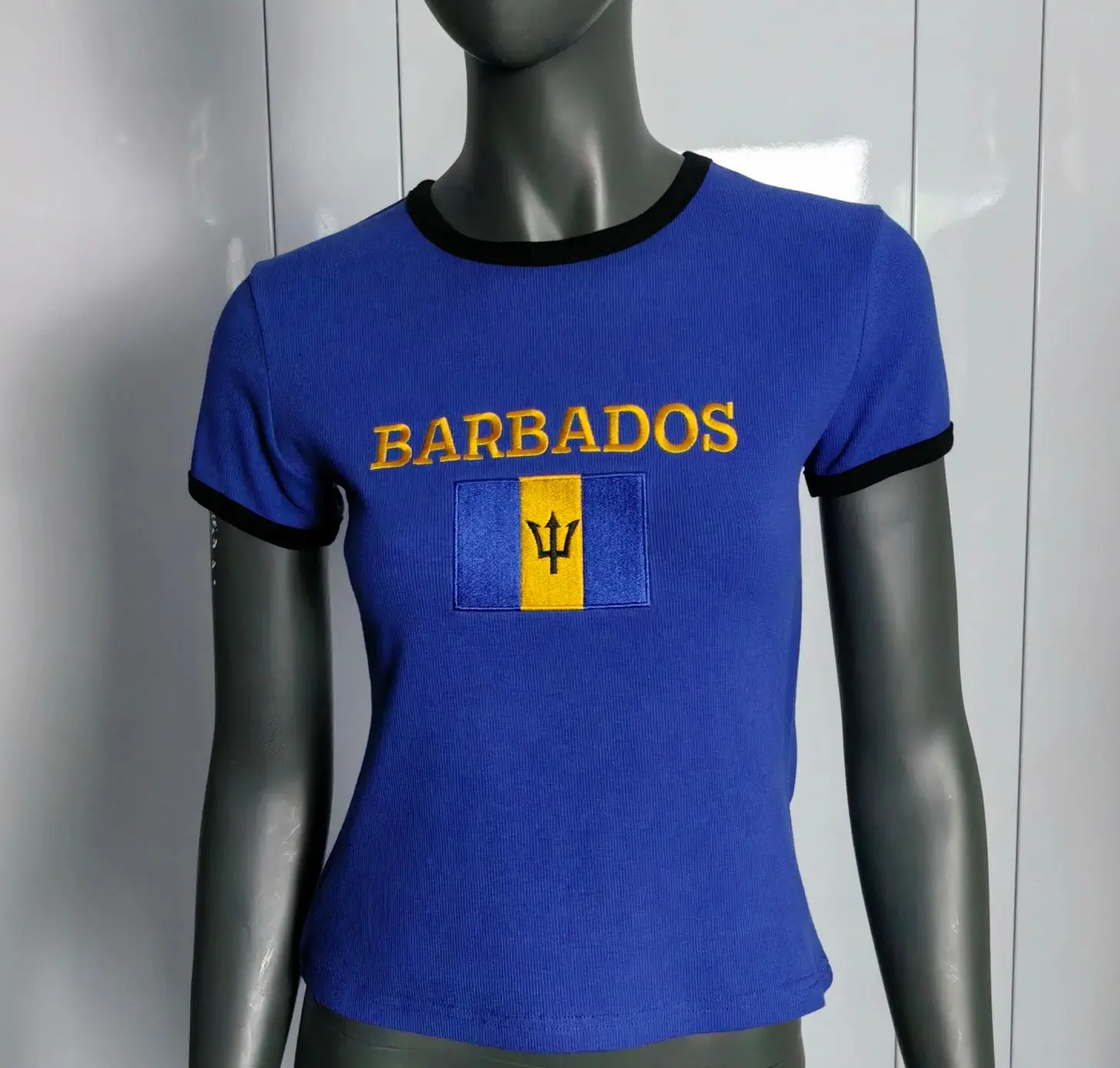 Bajan Crop Top Flag Tee - Barbados Embroidered Cotton Tee for Festivals & Casual Wear - Breathable & Comfortable Short Sleeve Crew Neck T-Shirt