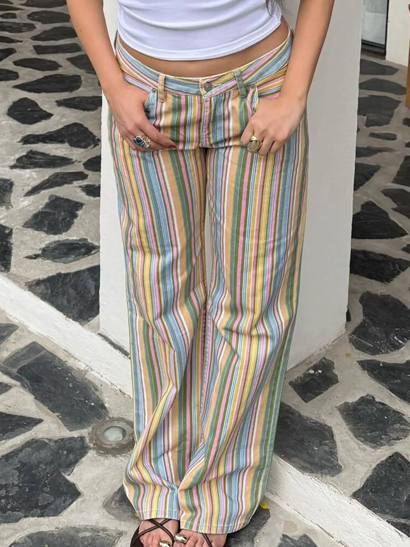 Women's Jeans Rainbow Striped Casual Fashion Bottoms Pocket Pants Spring Autumn 2026 Y2K Straight Leg Mid Waisted Long Pants For Women Office Commutes Trousers Elegant Fashion Urban Vacation Pant