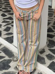 Women's Jeans Rainbow Striped Casual Fashion Bottoms Pocket Pants Spring Autumn 2026 Y2K Straight Leg Mid Waisted Long Pants For Women Office Commutes Trousers Elegant Fashion Urban Vacation Pant