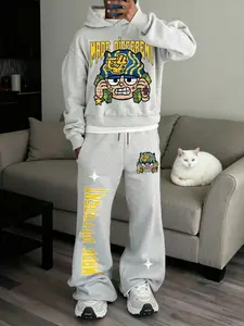 Fall outfits,Men's Light Fitted Hoodie Set with Letter & Cartoon Print, Trendy Street Style, Perfect for Casual & Daily Wear,Freedom outfits,American apparel