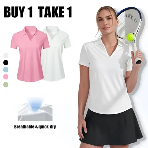 Women's Sporty V-Neck Polo Shirts - Buy 1 Get 1 Free (Free Extra Top), Airy Quick-Dry Lightweight Breathable Activewear for Gym, Casual Summer Wear