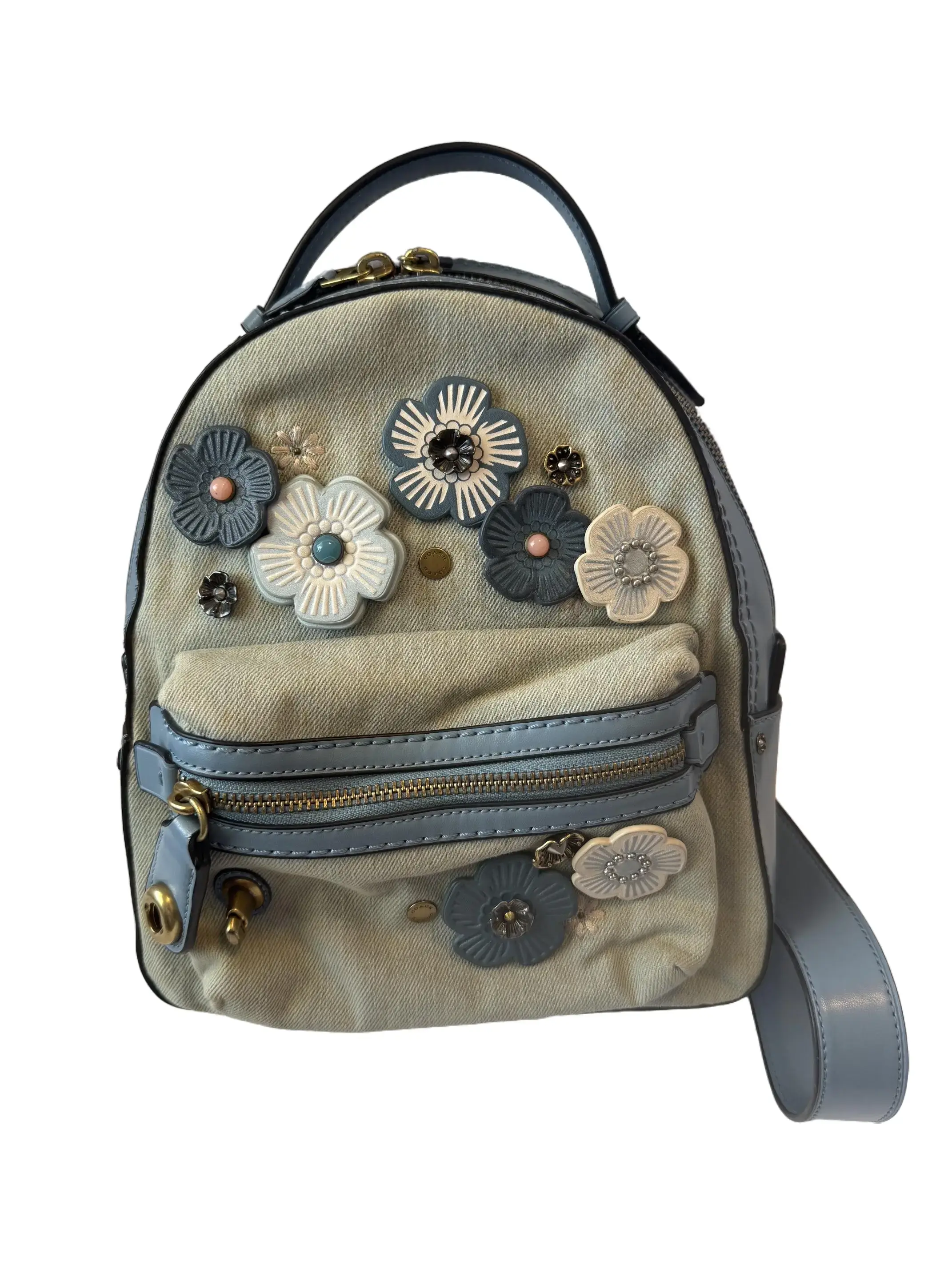 Pre-owned coach Denim and Leather Backpacks Light Blue Tea Rose Backpack Rare