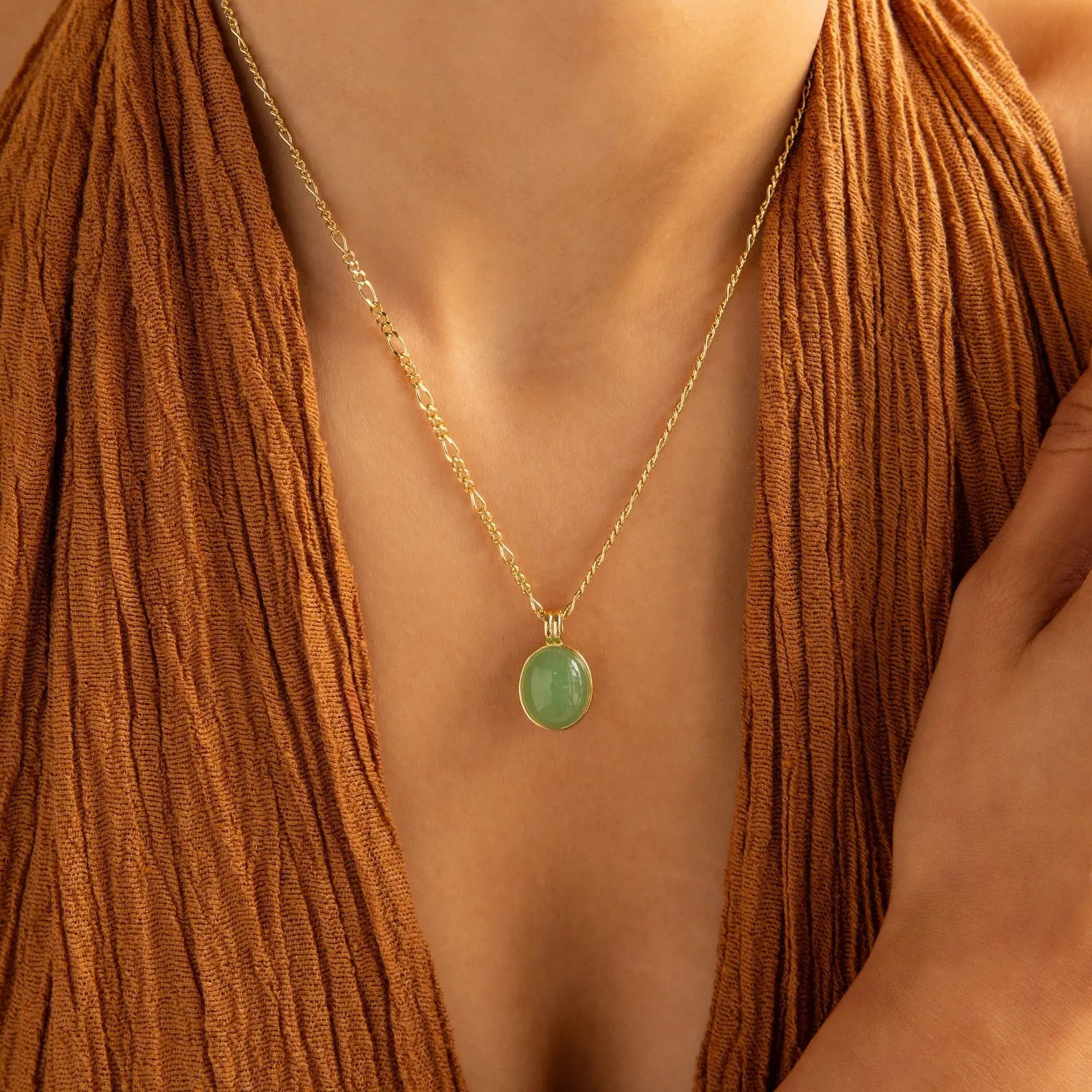 Jade Oval Pendant Necklace by Caitlyn Minimalist - Vintage Style Green Jade Gemstone Necklace on Figaro Chain - Boho Jewelry - Gift for Her