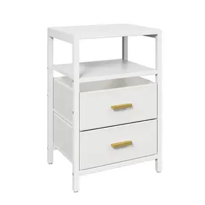 2pcs Nightstand White Modern Bed Side Table with 2 Fabric Drawers 2 Tier Shelf for Home Bedroom