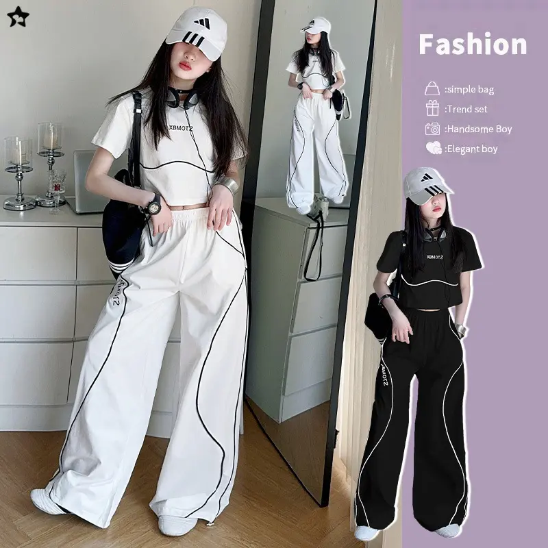 Teen Girl Clothes: Girls' Clothing: Summer In-Stock Teen Girls' Street Style Casual 2pcs Set, Including T-Shirt And Wide-Leg Pants, Contrast Trim Wide-Leg Pants Set, Spring Summer Holiday Outfit; Perfect for Outdoor Wear