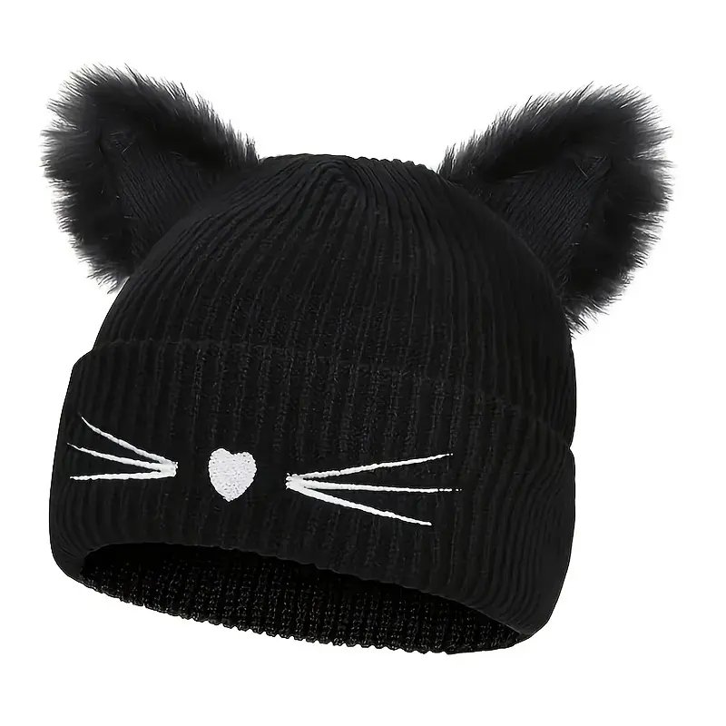 Women's Anime Cat Ear Beanie, 100% Acrylic Lightweight Knit Hat with Embroidered Eyes and Elastic Drawstring, Cute Look for Winter, Valentine Gifts, Anime Theme